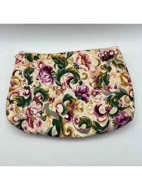 Floral Zippered Cosmetic Pouch With Cream Lining Vintage-Inspired Design Multi-C